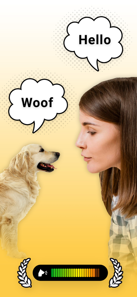 Dog Translator Game - A woman and a golden retriever communicating with speech bubbles saying hello and woof