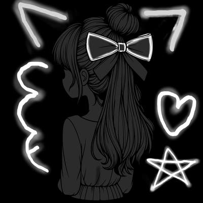 realistic girl  with hip length hair a bun and a big bow on the back of head