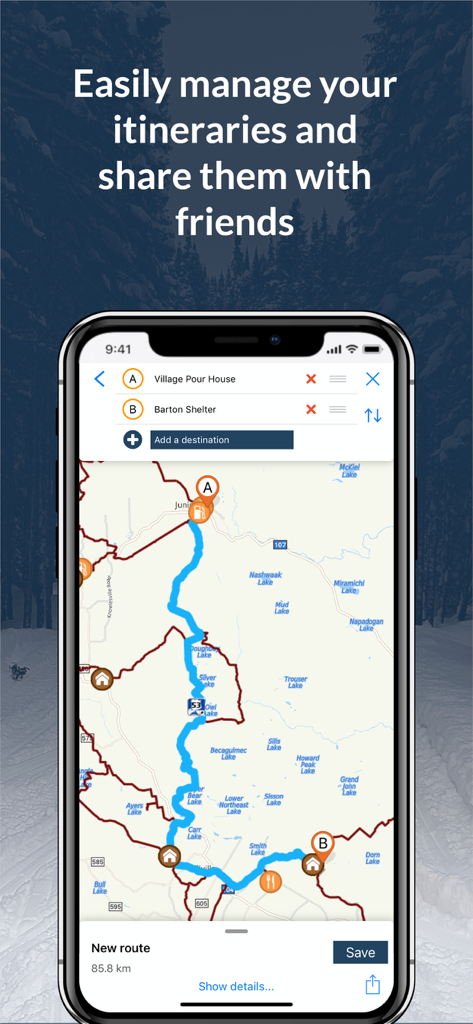 GoSnowmobiling NB - GoSnowmobiling NB app screen showing a planned snowmobile route with points of interest on a map