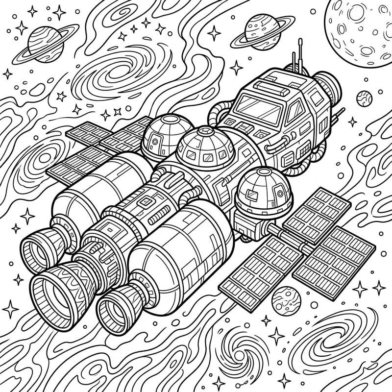 Explore the cosmos with our Interplanetary Spacecraft coloring page! This intricate design showcases a futuristic vessel ready for your creative touch amidst a dynamic stellar background.