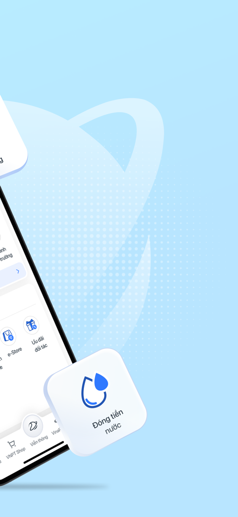 Interface de l'application My VNPT présentant une icône de paiement de facture d'eau et des options de menu de service