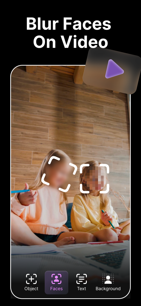 AI Blur Video - Mosaic Editor - Smartphone screen showing AI face blurring and pixelation on a video of two kids