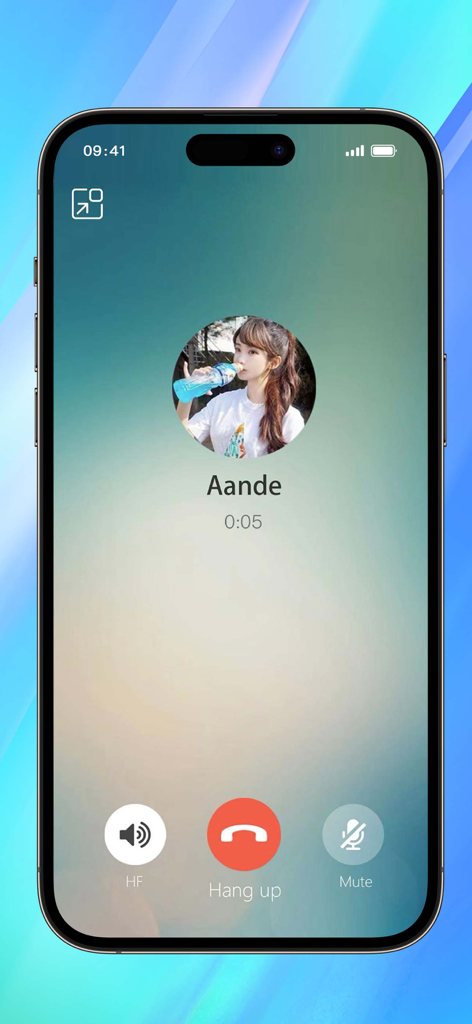 An active voice call screen in the MChat Messenger app with contact Aande