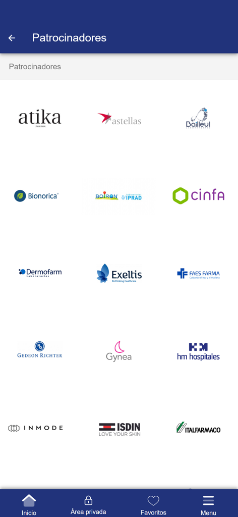 Pantalla de la aplicación de eventos médicos que muestra logotipos de patrocinadores farmacéuticos y de atención médica