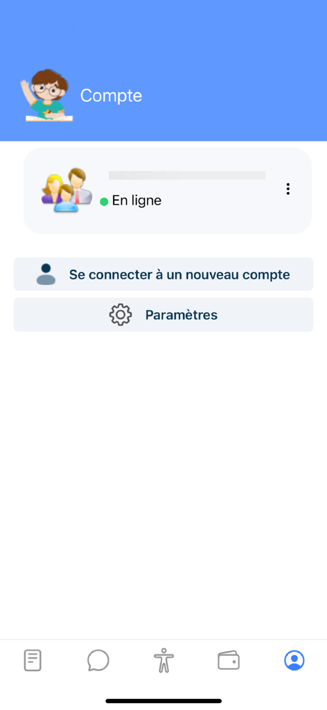 C.S.A. - Account page of the C.S.A. education app with options for family profile and settings