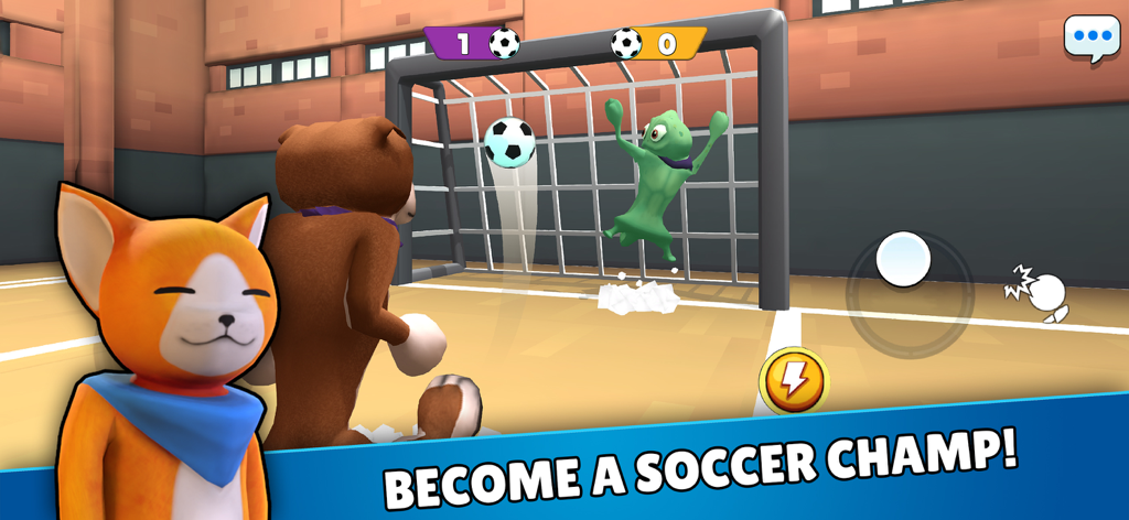 Personajes animales jugando un partido de fútbol basado en la física en una arena tambaleante.