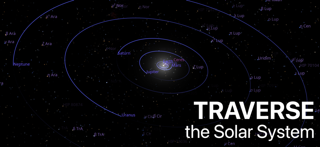 Celestia - Space Simulator - Celestiaアプリの、惑星の軌道と星のラベルを示す太陽系の3Dビジュアライゼーション