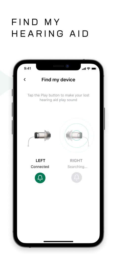 Zepp Clarity - iPhone screen displaying the Zepp Clarity Find My Device feature showing status for left and right hearing aids