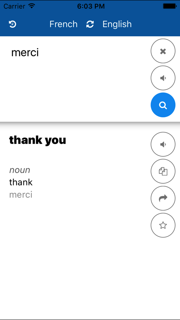 French English translation app screen showing merci translated to thank you.
