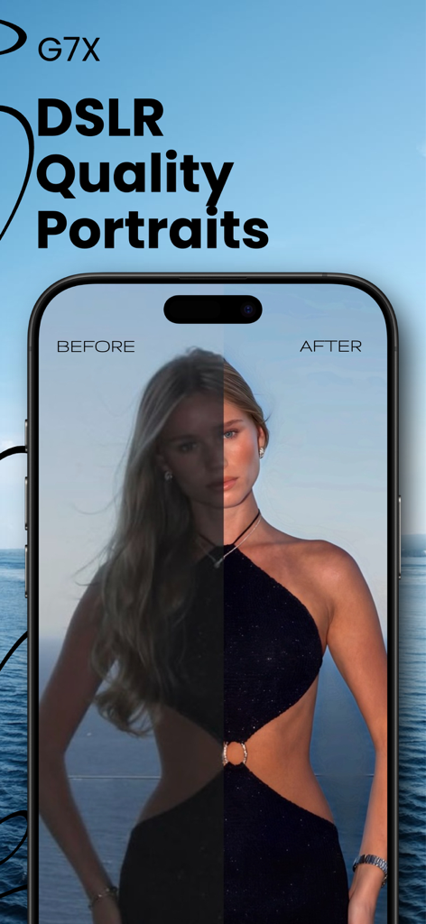 Pecra: Pro Camera Finish - A before and after comparison of a woman's portrait showing DSLR quality lighting and detail enhancements