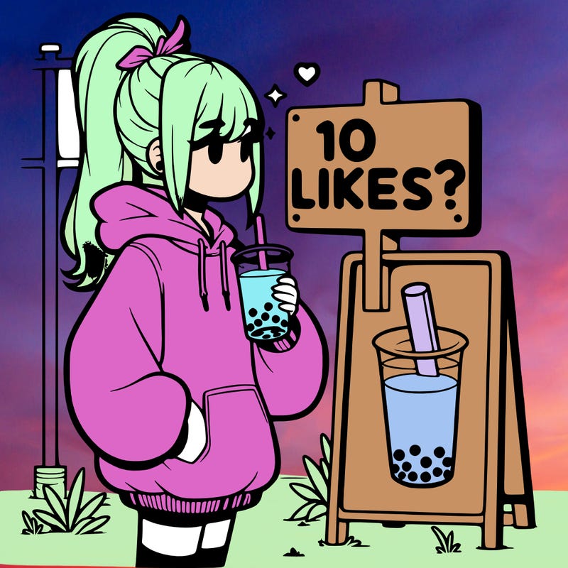 girl with oversized hoodie drinking boba and she has a high ponytail with a sign that says 10likes?