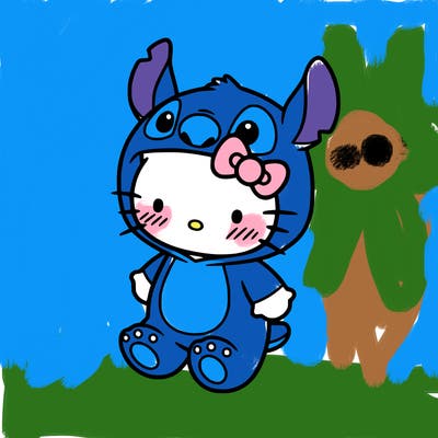 little cute hello kitty, blushing with little stitch costume