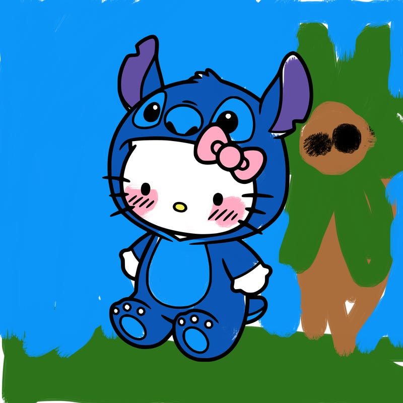little cute hello kitty, blushing with little stitch costume