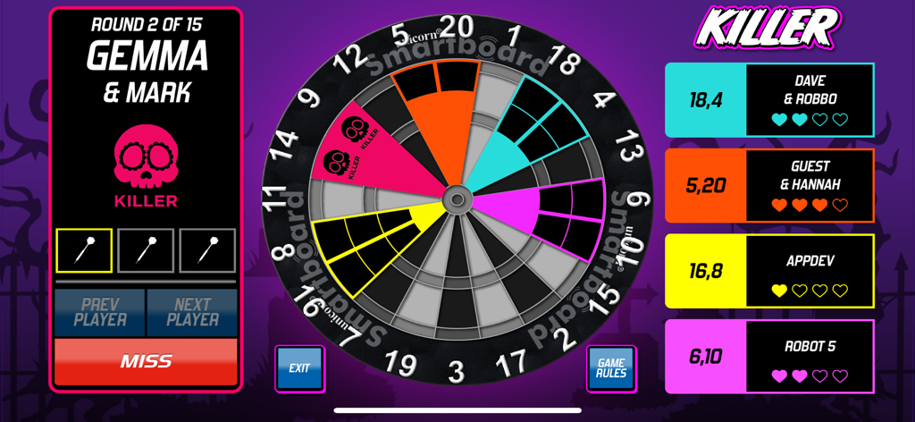 Unicorn ScoreBuddy - Unicorn ScoreBuddy app interface showing the Killer game mode with multiple players and a digital dartboard.