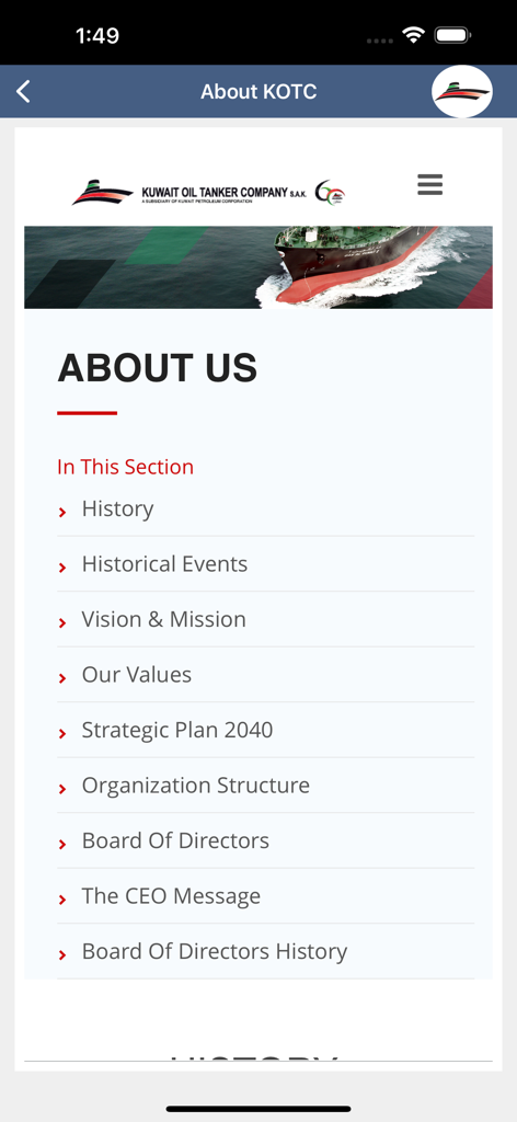 The About Us menu of the Kuwait Oil Tanker Company app showing links to corporate information like history and mission