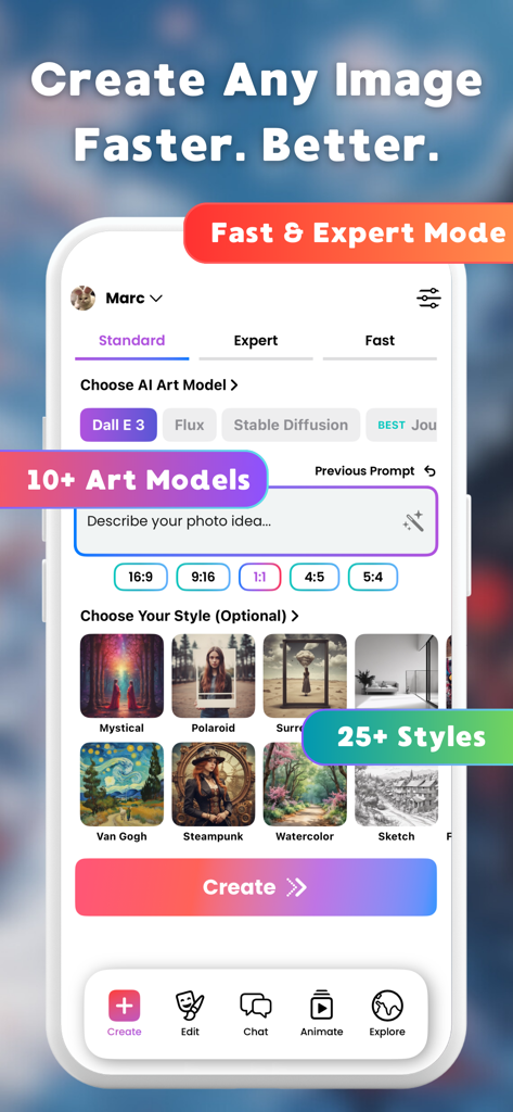 이미지 생성을 위한 다양한 AI 모델과 예술 스타일을 보여주는 LUNA AI 아트 생성기 앱 인터페이스