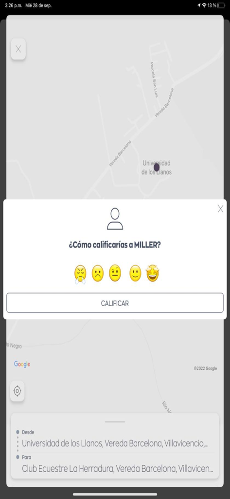 Taxi Estrella Villavicencio - Taxi Estrella Villavicencio App-Oberfläche mit einem Pop-up zur Fahrerbewertung mit Emoji-Optionen und Fahrtdetails auf einem Kartenhintergrund.