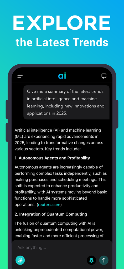 Chat AI - Personal Assistant - Chat AI app interface showing a summarized response about the latest trends in artificial intelligence.