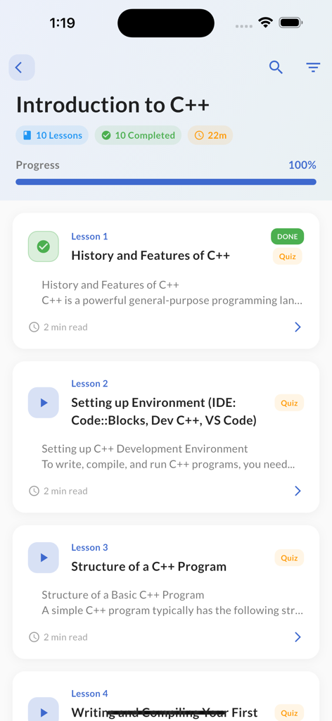 Mobile app interface showing the Introduction to C++ course syllabus with a list of lessons and a 100 percent completion progress bar.