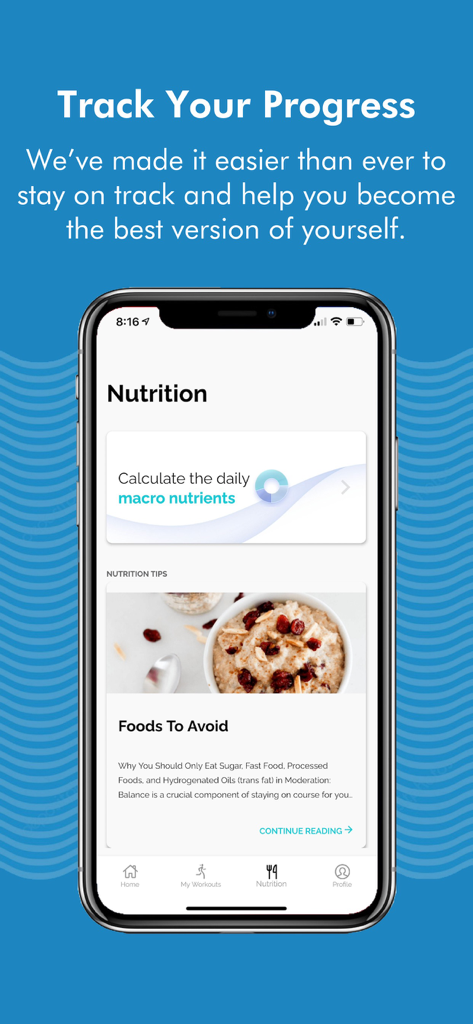 CCFIT: Cristina Capron Fitness - Smartphone screen showing the CCFIT app nutrition section with macro calculations and healthy eating tips