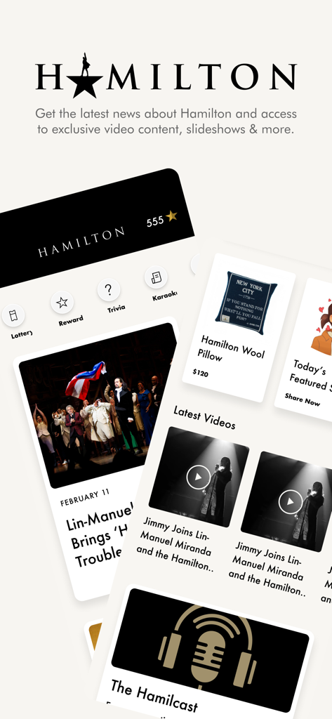 Hamilton - The Official App - Interface do aplicativo oficial Hamilton mostrando notícias, vídeos, mercadorias e recursos de trivia