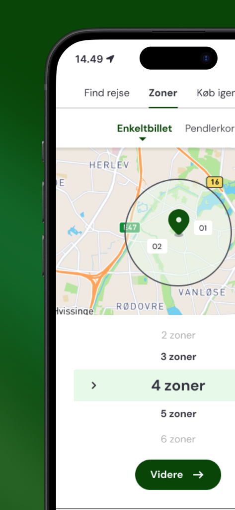 Rejsebillet mobile app interface showing a map of Copenhagen and a selection for public transport zones.
