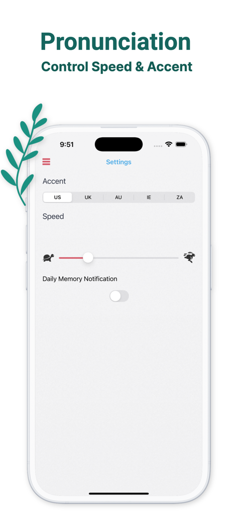 Écran des paramètres de l'application Dictionnaire médical montrant les options d'accent de prononciation et le curseur de contrôle de la vitesse.