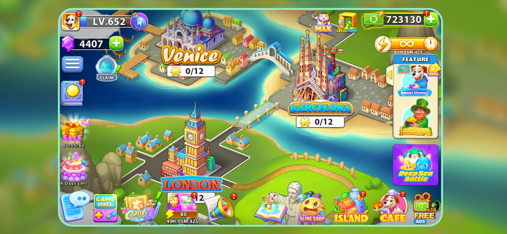 Colorful game map in Bingo Journey featuring Venice Barcelona and London city rooms