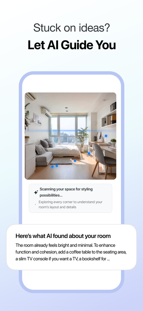 AI Interior & 3D Room Planner - Aplicación de diseño de interiores Ohouse AI escaneando una habitación para proporcionar recomendaciones de estilo