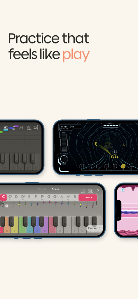 Cuatro pantallas de smartphone mostrando la interfaz de la aplicación ROLI Learn con escalas de piano y juegos arcade de música.