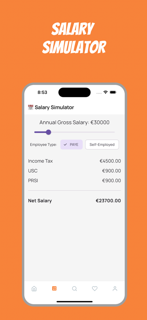Mobile app interface showing a salary simulator for calculating net income tax in Ireland
