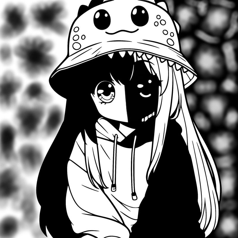 girl with anime shaped eyes with a dinosaur bucket hat oversized sweatshirt long straight hair