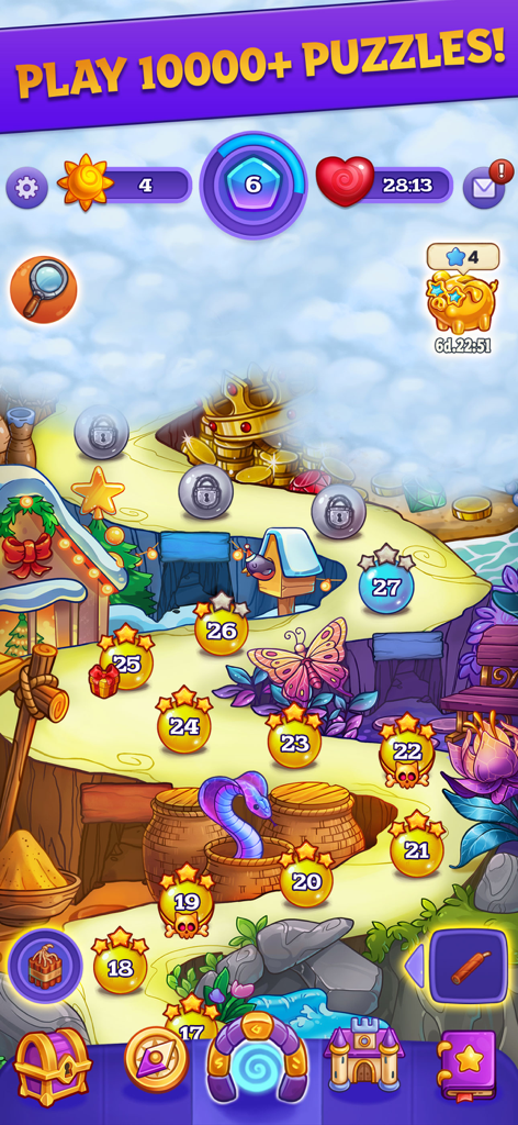 Level progression map in Mahjong Treasure Quest showing a winding path of puzzles through a fantasy landscape.