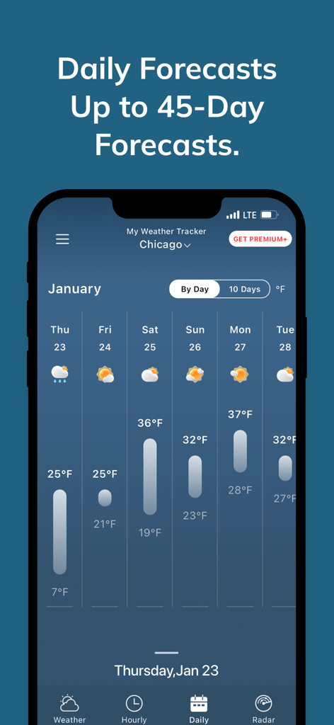 My Weather Tracker & Alerts - My Weather Tracker app screenshot showing a daily weather forecast interface with temperature bars and weather icons for Chicago.