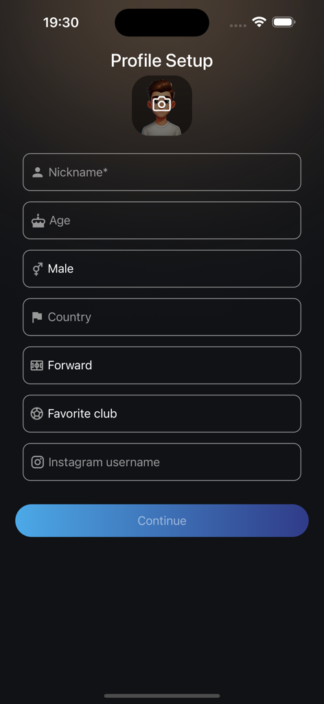 TRIVELA AI - Football Training - User profile setup screen for the TRIVELA AI football training app