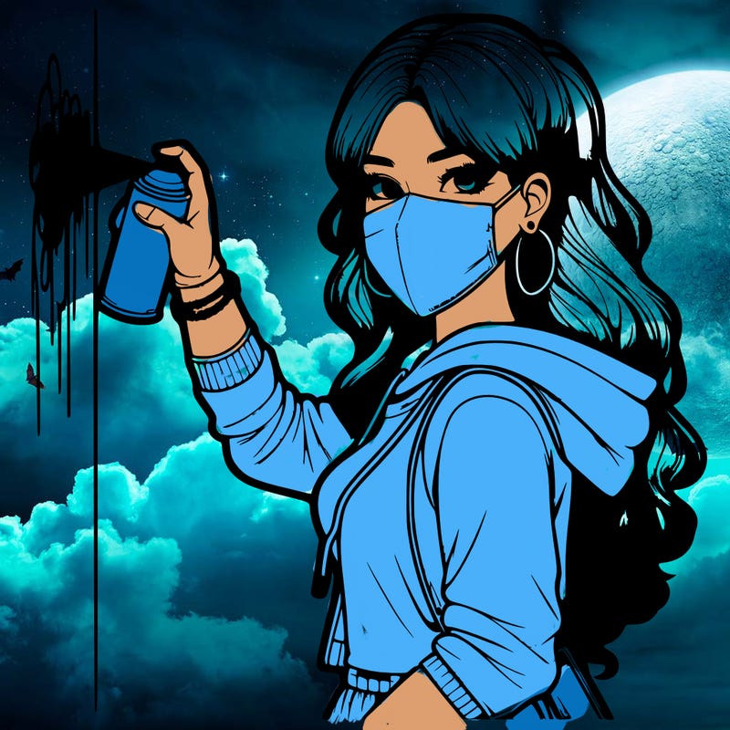 realistic girl with mask spray painting a wall