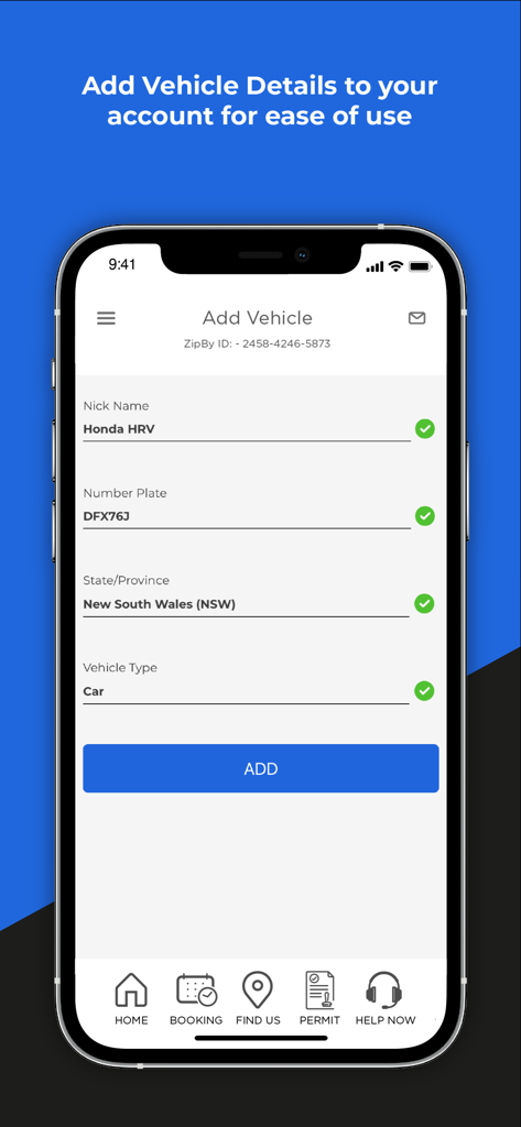 ZipBy - ZipBy app interface for adding vehicle registration details including license plate and car model.