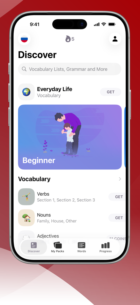 Schermata Scopri dell'app di apprendimento del russo LENGO che mostra liste di vocabolario e corsi per principianti