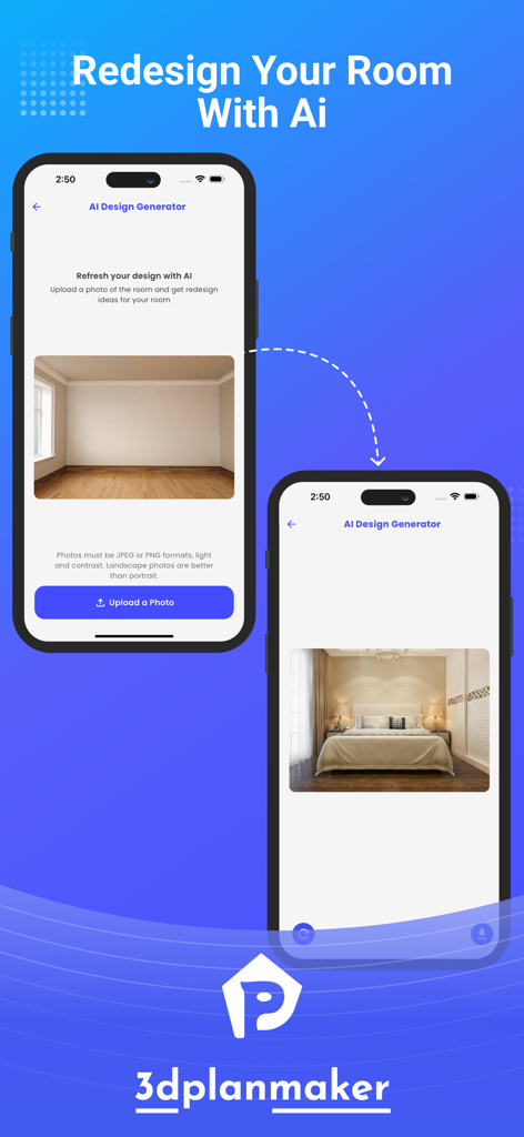 3DS PlanMaker, AI Arch design - Oberfläche der 3DS PlanMaker-App, die eine KI-Raumneugestaltung aus einem Foto zeigt
