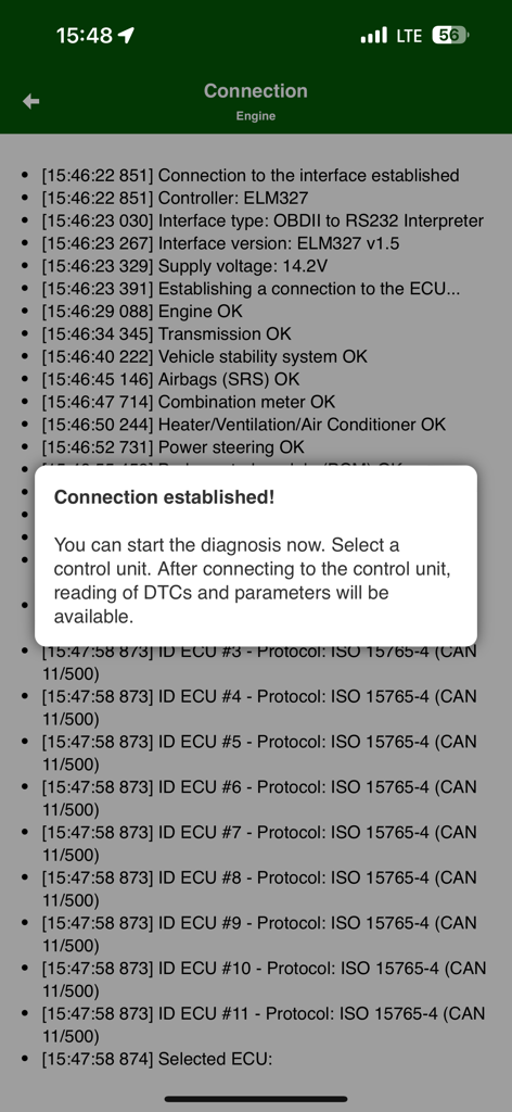 MotorData OBD ELM car scanner - MotorData OBD app interface showing successful connection to an ELM327 adapter with car diagnostic system logs.