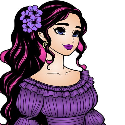 a single latina woman with a side ponytail and a long dress with ruffles. she has a few discreet flowers in her hair. realistic