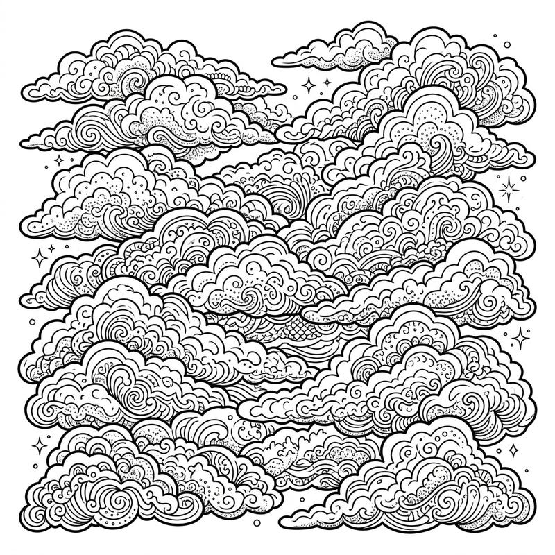 Drift into a world of artistic detail with this stratocumulus clouds coloring page, designed especially for teens. Explore intricate patterns and swirling formations as you bring these beautiful cloudscapes to life with your unique palette.