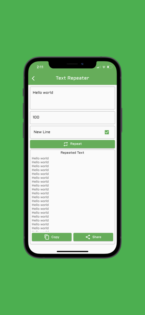 ToolKit(Pro) - Pantalla de iPhone que muestra la función Repetidor de Texto en la aplicación ToolKit Pro con el texto Hola mundo repetido 100 veces.