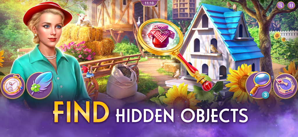 Twilight Land: Hidden Objects - Una escena de búsqueda de objetos ocultos en Twilight Land con la protagonista Rosemary Bell en un entorno de granja de los años 30.