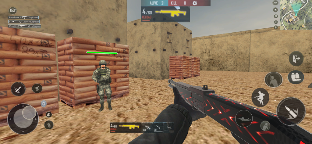 A first person shooter gameplay scene from the mobile game FPS Games Shooting Warzone showing a tactical combat environment.