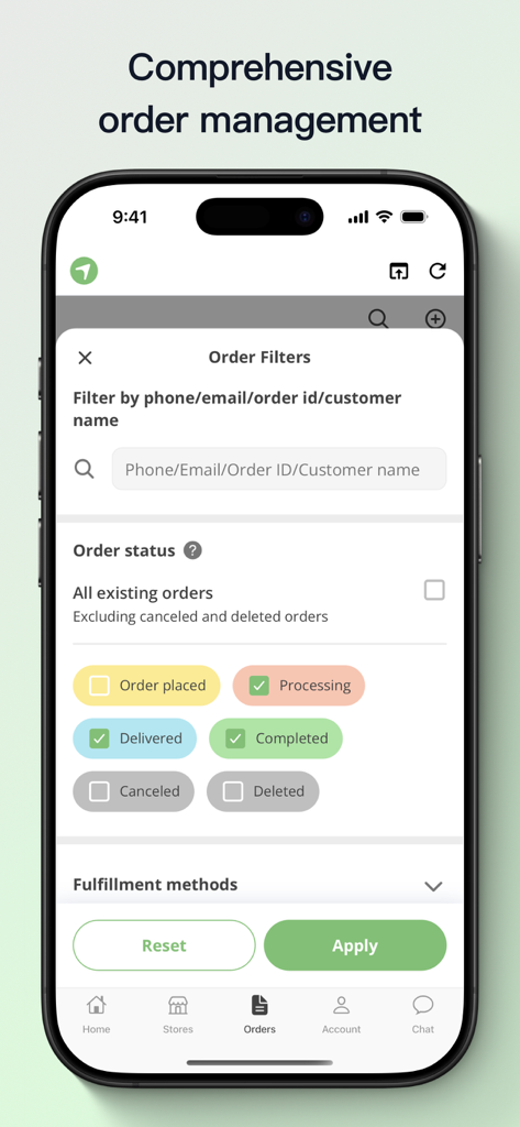 Airmart Seller - Airmart Seller app screenshot showing comprehensive order management filters including order status and search functionality