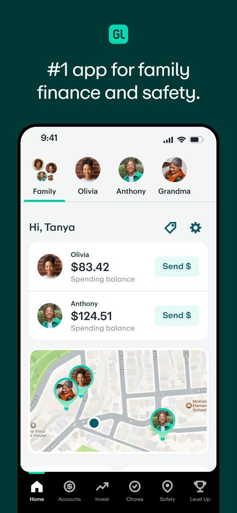 Greenlight app dashboard displaying family spending balances and a real-time location tracking map.