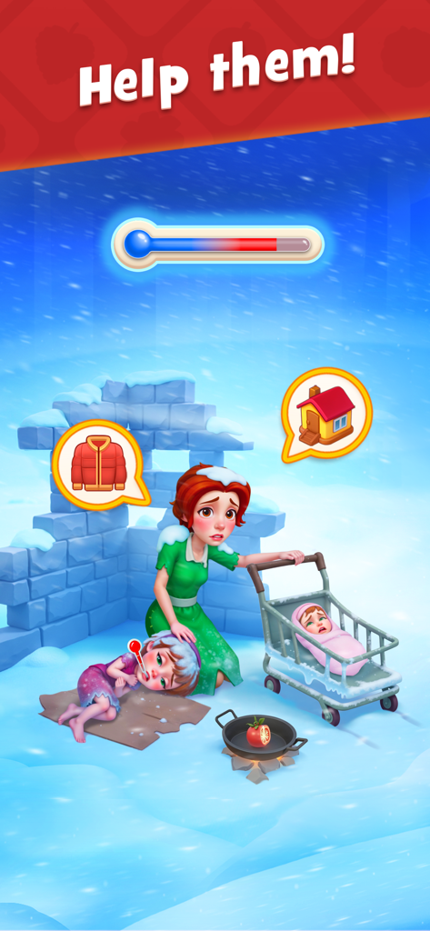 Gardenscapes mini game screen showing a mother and children in a snowy setting needing rescue with a help them prompt