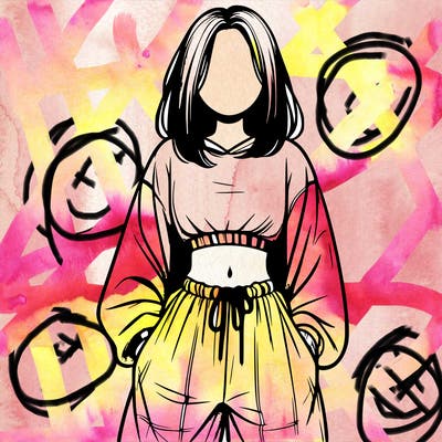 realistic girl faceless with baggy pants and a crop top