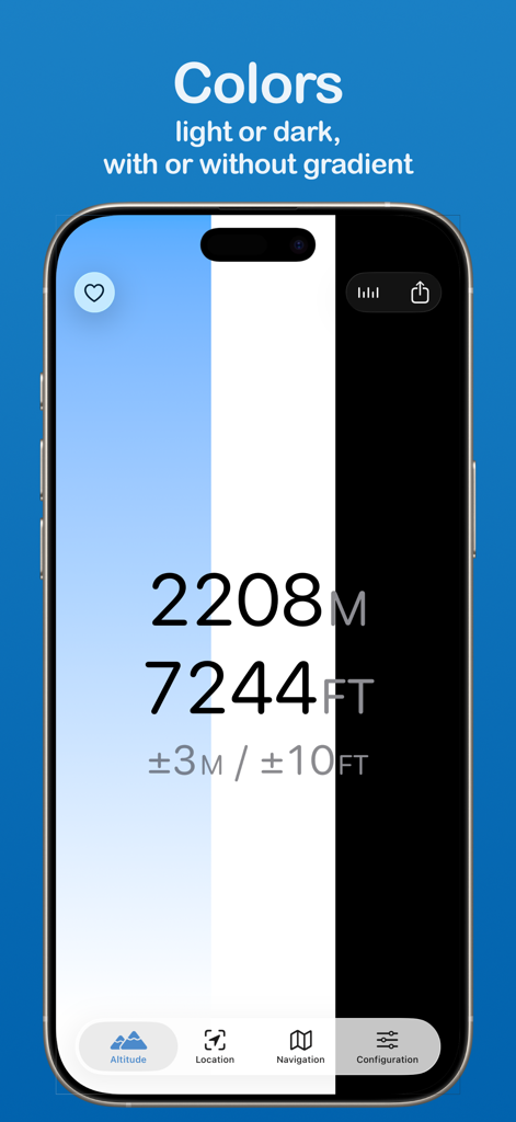 Screenshot of the Altimeter app interface showing different color theme options and altitude in meters and feet.